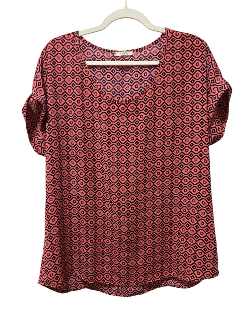 Pleione Pink and Black Geo V-Neck Blouse